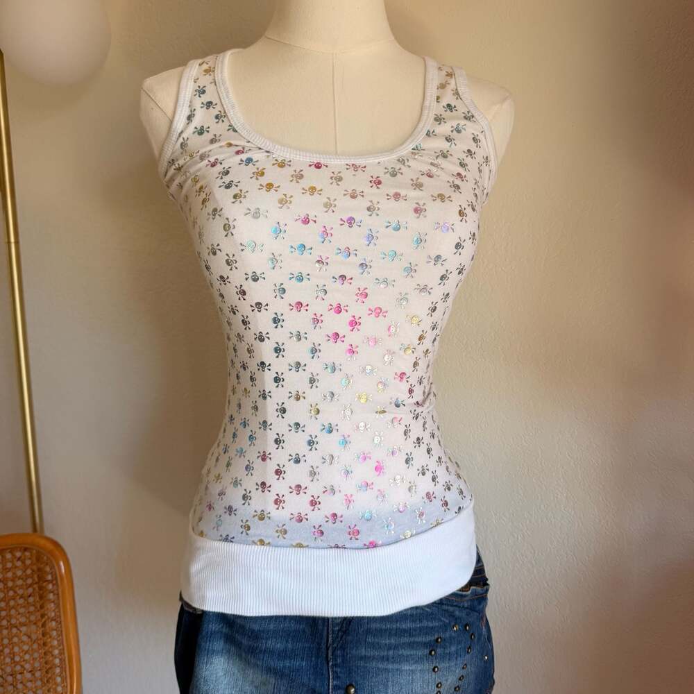 Lola Y2K White Tank Top with Iridescent Holographic Skull Print